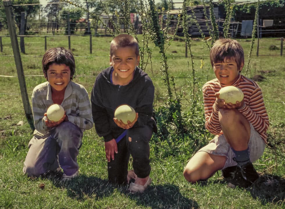 Three boys holding the eggs of small ostriches called ñandus. A Peace Corps volunteer’s story in Baltasar Brum, Uruguay.