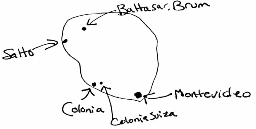Crude map of Uruguay. A Peace Corps volunteer’s story in Baltasar Brum, Uruguay.